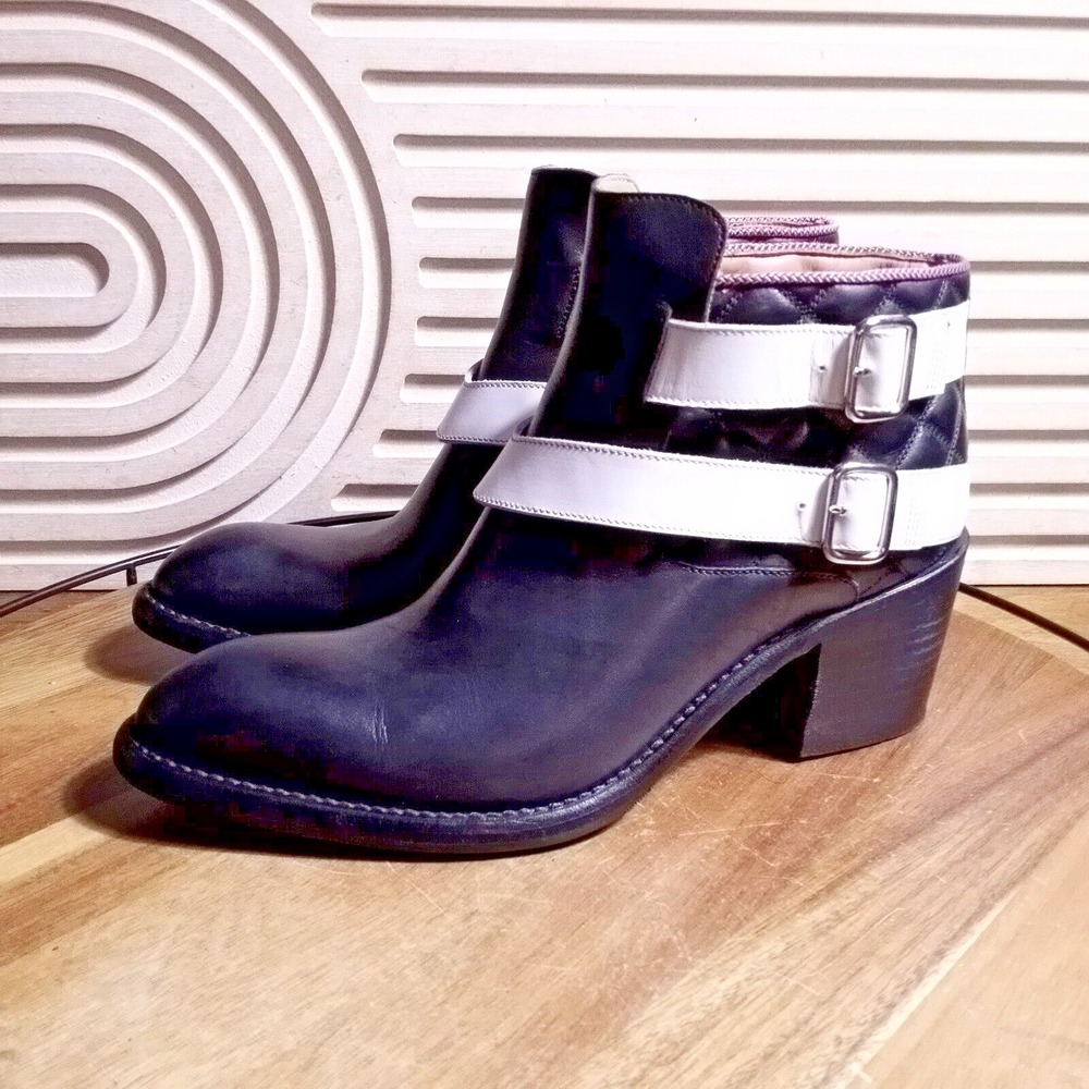 Justin Deakin Boots Womens Sz US 7 UK 5 Leather Black White Double Ankle Strap